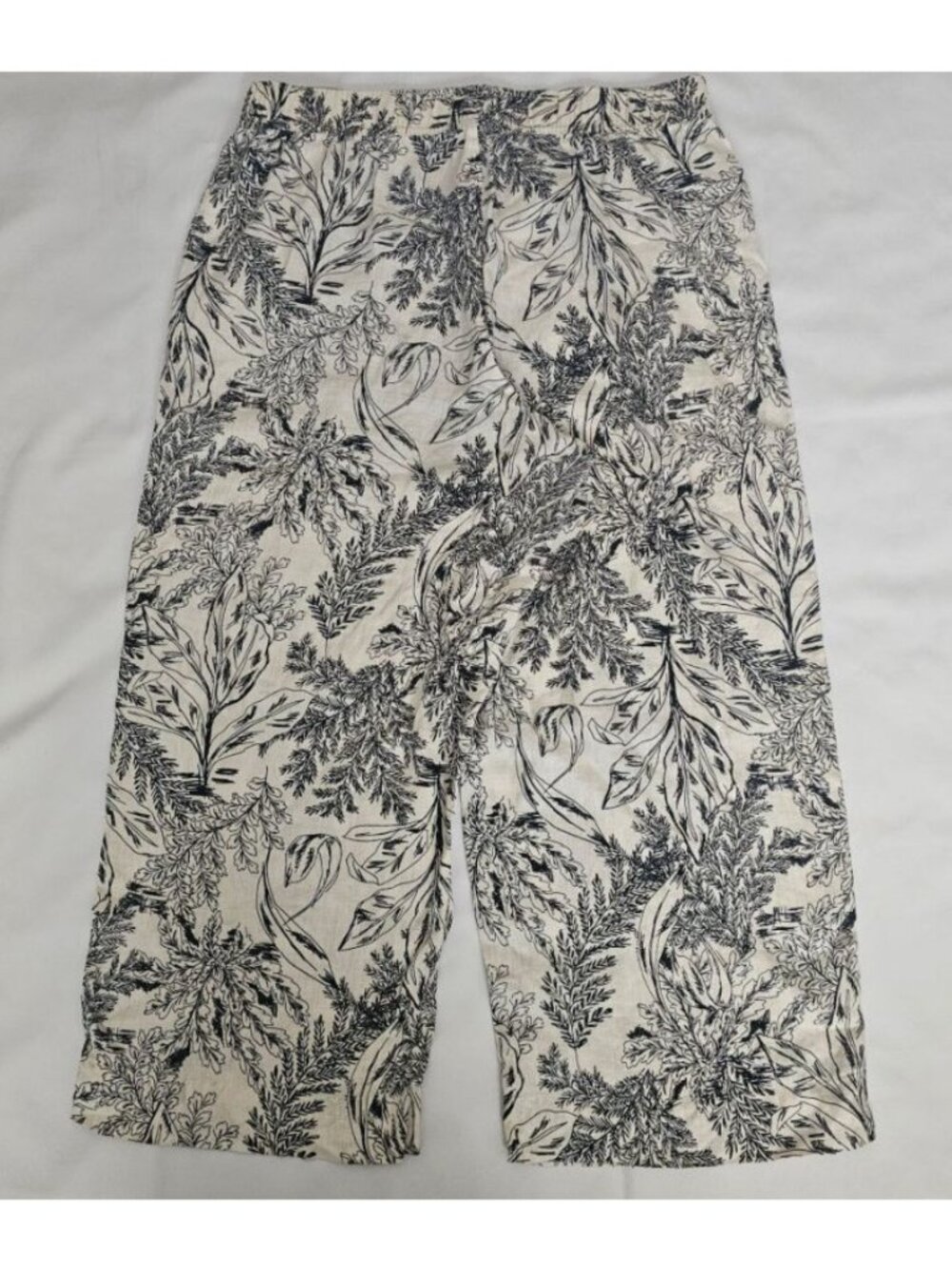 Tahari Black Leaf Print 100% Linen Elastic Waistband Wide Leg Crop Pants Size XL - Picture 12 of 12
